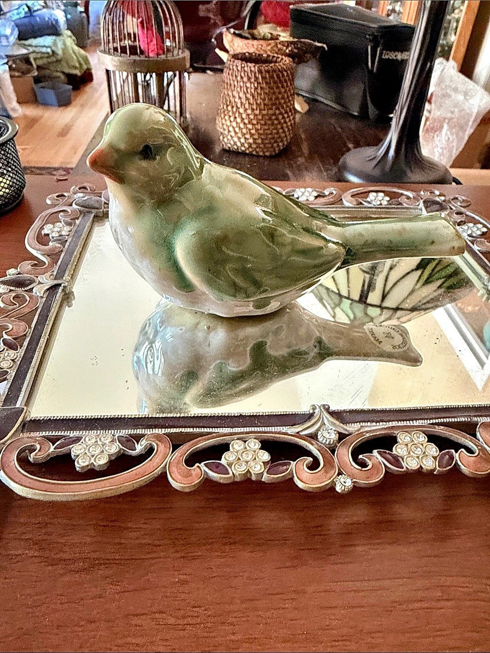 Green Ceramic Bird Figurine Decor